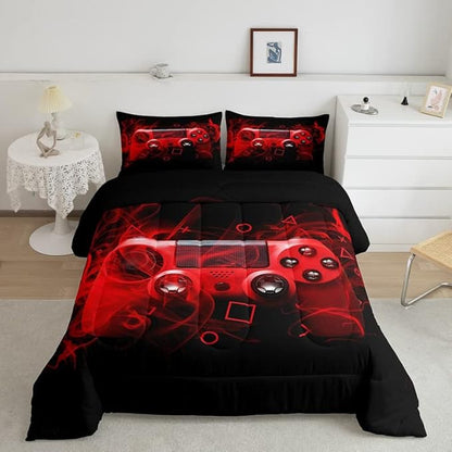 Feelyou Kids Gaming Comforter Set King Size Gamer Bedroom Decor for Boys Girls Teens Video Game Controller Bedding Set Youth Gaming Console Comforter Red Black Geometry with 2 Pillow Case