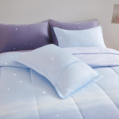 Girls Comforter Set Twin Size 6 Pieces Colorful Ombre Purple Rainbow Bedding Set Bed in A Bag for Kids Teen Girls (1 Comforter, 1 Flat Sheet, 1 Fitted Sheet, 1 Pillow sham, 2 Pillowcases)