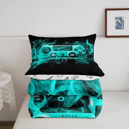 Feelyou Kids Gamer Comforter Set Queen Size Teens Gamepad Bedroom Decor for Boys Girls Video Game Controller Bedding Set Youth Gaming Console Comforter Blue Black Geometry with 2 Pillow Case