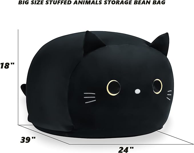 Stuffed Animal Storage Bean Bag Chair Cover for Kids Black Cat Beanbag Chair for Girls Large Size Toy Organizer Cover Only Without Filling