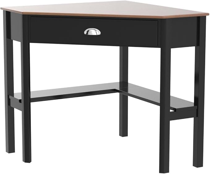 Nightcore Small, Wood Computer Desk, Compact Writing w/Drawer & Storage Shelves, Space Saving Study Workstation, Laptop PC Corner Table, Coffee
