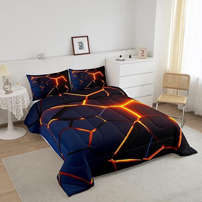 Honeycomb Print Bedding Set Red Black Fire Hexagonal Pattern Comforter Set for Kids Boys Girls Teens Beehive Geometrical Comforter Breathable Simplistic Duvet Set Room Decor Quilt Set King Size