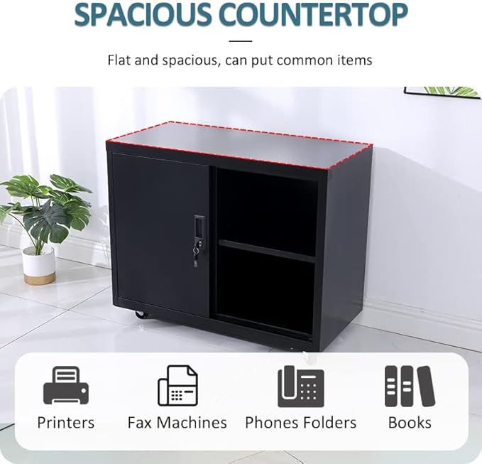 Metal Mobile Lateral File Cabinet, Storage Locker,Printer Stand with Open Storage Shelves for Office,School,Home,Living Room. (Black)