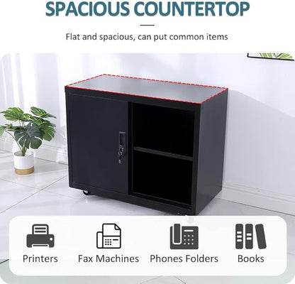 Metal Mobile Lateral File Cabinet, Storage Locker,Printer Stand with Open Storage Shelves for Office,School,Home,Living Room. (Black)