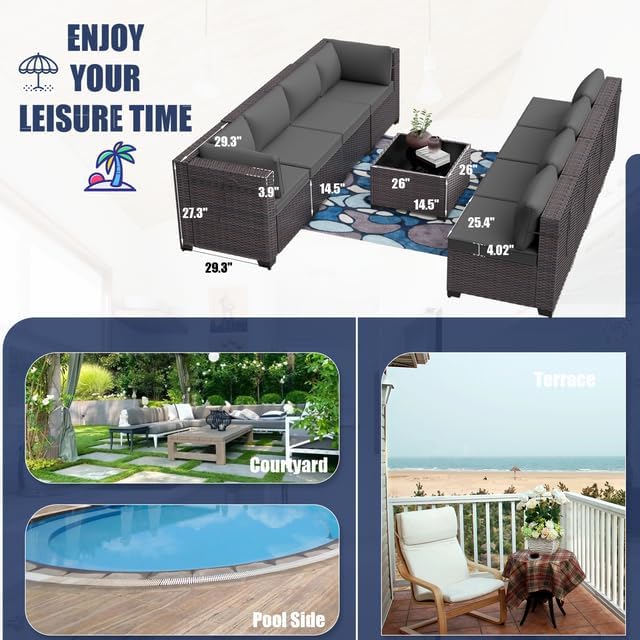 Patio Furniture Set 9-Piece Outdoor Furniture for Backyard Wicker Sectional Sofa Set, Rattan Patio Conversation Set with Thickened Cushions and Glass Coffee Table, Grey