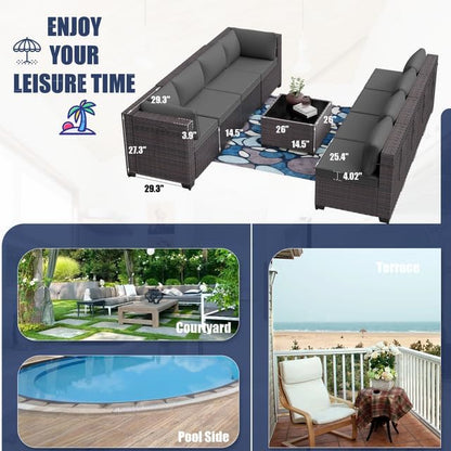 Patio Furniture Set 9-Piece Outdoor Furniture for Backyard Wicker Sectional Sofa Set, Rattan Patio Conversation Set with Thickened Cushions and Glass Coffee Table, Grey
