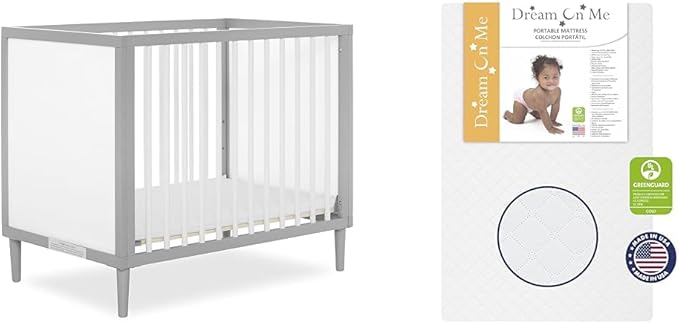 Lucas Mini Modern Crib with Rounded Spindles & Sunset 3” Extra Firm Fiber Crib Mattress, Greenguard Gold Certified, Waterproof Vinyl Cover, Baby Mattresses for Cribs