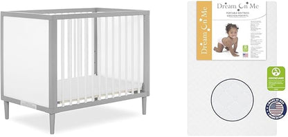 Lucas Mini Modern Crib with Rounded Spindles & Sunset 3” Extra Firm Fiber Crib Mattress, Greenguard Gold Certified, Waterproof Vinyl Cover, Baby Mattresses for Cribs