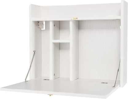 YUSING Wall Mounted Table, Multifunctional Fold Down Wall Mounted Laptop Computer Desk with Storage Compartments for Home, Office, White