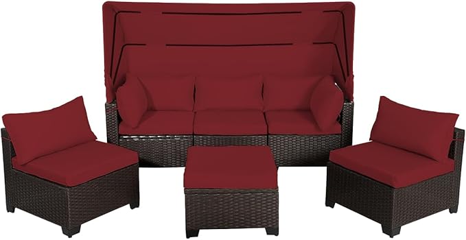 6 PCS Outdoor Patio Furniture Set,Sectional Sofa Set,Rattan Daybed with Retractable Canopy,Adjustable Backrest,Storage Coffee Table,Chaise Chair Sunbed for Porch Garden Poolside Backyard(Red)