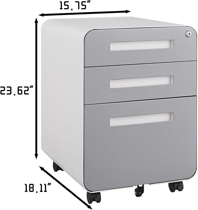 3 Drawer Mobile Desk Office with Lock and Wheels,Versatile Storage Cabinets w/Anti-Tilting Cold Rolled Steel Waterproof Moisture-Proof,for Legal/Letter/A4 Files,White+Gray