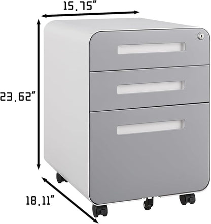 3 Drawer Mobile Desk Office with Lock and Wheels,Versatile Storage Cabinets w/Anti-Tilting Cold Rolled Steel Waterproof Moisture-Proof,for Legal/Letter/A4 Files,White+Gray