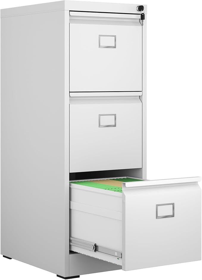 3 Drawer File Cabinet, Metal Vertical File Cabinets with Lock for Home Office, Office Steel Filing Cabinet for Hanging Files for A4/ Legal/Letter,Assembly Required (White)