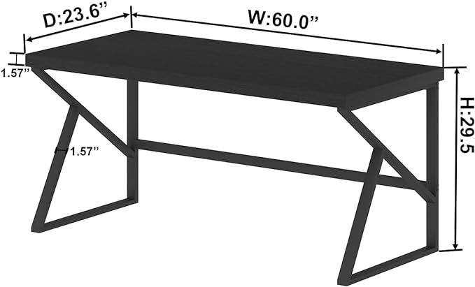 HSH Black Computer Desk, Long Home Office Laptop PC Desk, Large Industrial Metal Wood Executive Writing Gaming Workstation Desk, Modern Simple Student Study Work Table for Bedroom Living Room, 60 Inch