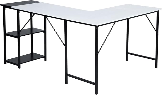 FurnitureR L-Shaped 58.3''Corner Computer Desk with Storage Shelf Long Gaming Desk for Home Office PC Workstation Saving Space Laptop Table (White and Black)