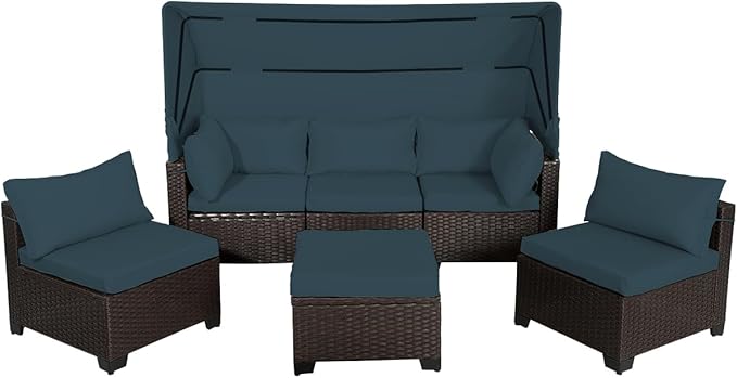 6 PCS Outdoor Patio Furniture Set,Sectional Sofa Set,Rattan Daybed with Retractable Canopy,Adjustable Backrest,Storage Coffee Table,Chaise Chair Sunbed for Garden Poolside Backyard(Sky Blue)