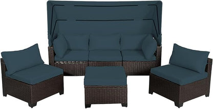6 PCS Outdoor Patio Furniture Set,Sectional Sofa Set,Rattan Daybed with Retractable Canopy,Adjustable Backrest,Storage Coffee Table,Chaise Chair Sunbed for Garden Poolside Backyard(Sky Blue)
