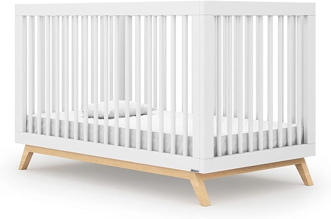 dadada Baby Soho 3-in-1 Convertible Crib – Made in Italy, GREENGUARD Gold, Adjustable Mattress Height, Solid Beechwood – Baby-Safe Finish, Modern Design 53.15 x 29.95 x 36.7 in (White + Natural)