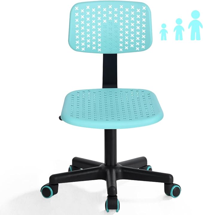Desk Chair Armless Cute Office Chair, Low Back Rolling Home Office Task Chair Adjustable Swivel Study Chair for Girls Teens Adults Children Kids, Turquoise