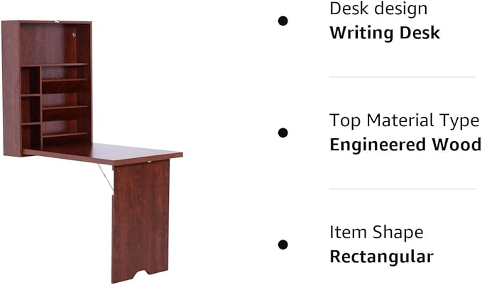 HOMCOM Compact Fold Out Wall Mounted Convertible Desk with Storage, Mahogany
