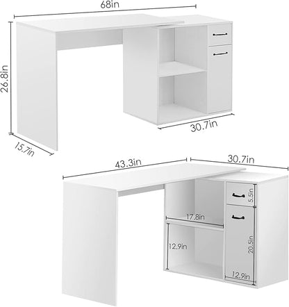 L-Shaped Rotating Computer Desk 68 inch with Storage Shelves Home Office Corner Desk with Drawers and File Cabinet Multipurpose Study Writing Table for Bedroom Small Space White