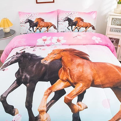 Feelyou Kids Horse Comforter Set for Girls King Size Chic Cherry Blossom Bedding Set for Horse Lover Gift Galloping Horse Printed Comforter 3D Wild Animal Duvet Set Bedroom Decor Quilt Set 3Pcs