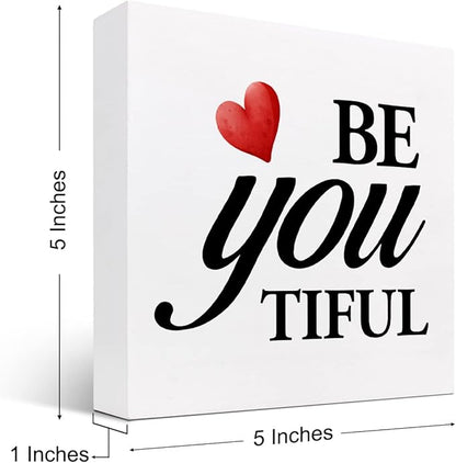 Be You Tiful Sign,Inspirational Quote Wood Box Sign,Motivational Wooden Block Signs,Positive Wood Signs,Decorations for Home Women Girl Room Office Shelf Table Decor
