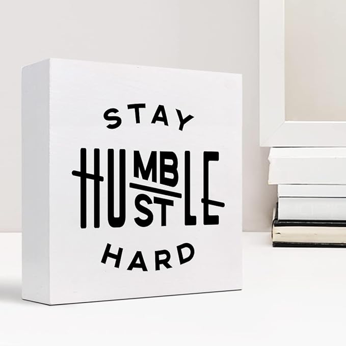 Stay Humble Hustle Hard Sign,Inspirational Quote Wood Box Sign,Motivational Wooden Block Signs,Positive Wood Signs,Entrepreneur Decorations for Home Office Shelf Table Decor