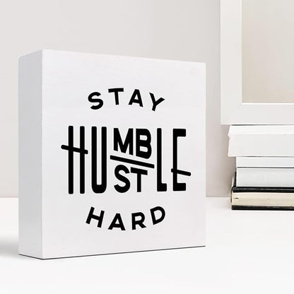 Stay Humble Hustle Hard Sign,Inspirational Quote Wood Box Sign,Motivational Wooden Block Signs,Positive Wood Signs,Entrepreneur Decorations for Home Office Shelf Table Decor