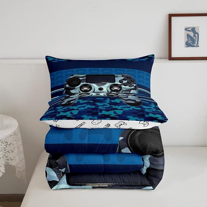 Gamer Comforter Set Camouflage Gaming Video Game Bedding Set for Kids Boys Children Blue Camo Gamer Console Comforter Soft Gamepad Decor Quilt Set Full Size