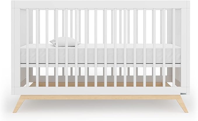 dadada Baby Soho 3-in-1 Convertible Crib – Made in Italy, GREENGUARD Gold, Adjustable Mattress Height, Solid Beechwood – Baby-Safe Finish, Modern Design 53.15 x 29.95 x 36.7 in (White + Natural)