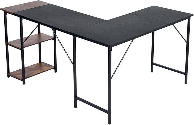 FurnitureR L-Shaped 58.3'' Corner Computer Desk with Storage Shelf Long Gaming Desk for Home Office PC Workstation Saving Space Laptop Table, Black and Brown