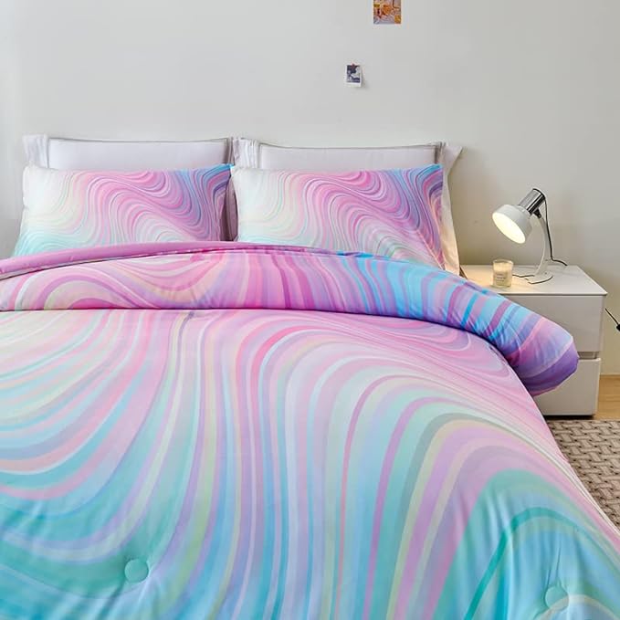 Girls Pink Comforter King,Pink Bedding Set for Girls,Tie Dye Comforter Set,Kids Comforter Set for Girls,Blue Pink Teen Comforter King with 2 Pink Pillowcases,Rainbow Comforter Set