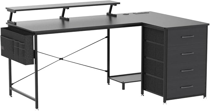 KKL 55 inch L Shaped Computer Desk with USB Charging Port & Power Outlet, L-Shaped Corner Desk with 4 Tier Drawer & Monitor Shelf for Home Office Workstation, Modern Style Writing Table, Black