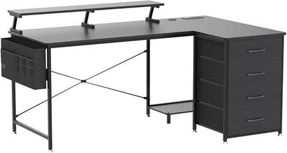 KKL 55 inch L Shaped Computer Desk with USB Charging Port & Power Outlet, L-Shaped Corner Desk with 4 Tier Drawer & Monitor Shelf for Home Office Workstation, Modern Style Writing Table, Black