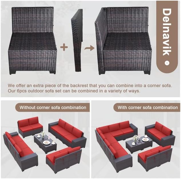 Patio Furniture Set Sofa 12-Pieces Wicker Sectional Sofa Set, Outdoor Furniture Rattan Patio Conversation Set with Thickened Cushions and Glass Coffee Tables, Red