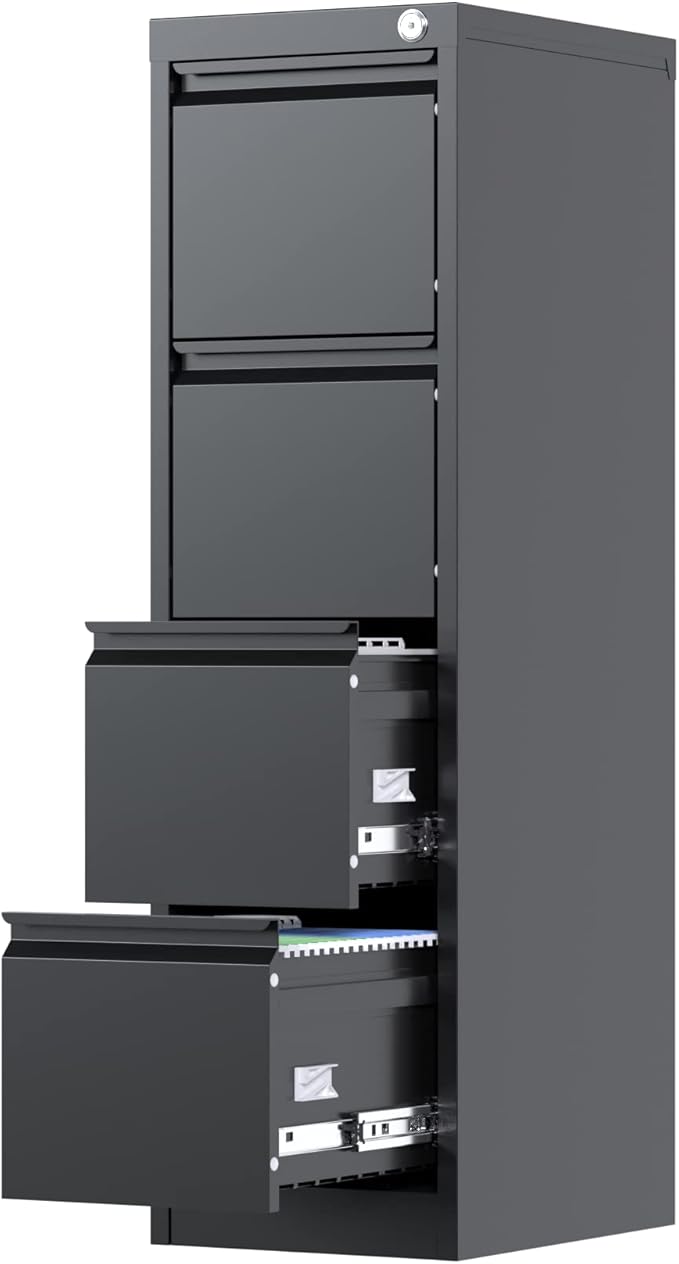 4 Drawer File Cabinet, Vertical Filing Cabinets with Lock, Metal File Cabinets for Home Office A4 Letter/Legal Size, Assembly Required