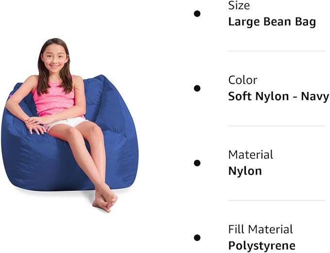 Posh Creations Coronado Bean Bag Boys and Girls Large Chair for Kids, for Gaming and Playrooms, Soft Nylon-Navy