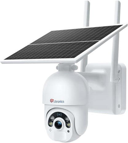 Ctronics 3MP Solar Security Camera Wireless Outdoor WiFi, PTZ Surveillacne Camera Battery-Powered for Home Security, 360° View, Spotlight Color Night Vision, PIR Human Detection, 2-Way Audio (White)