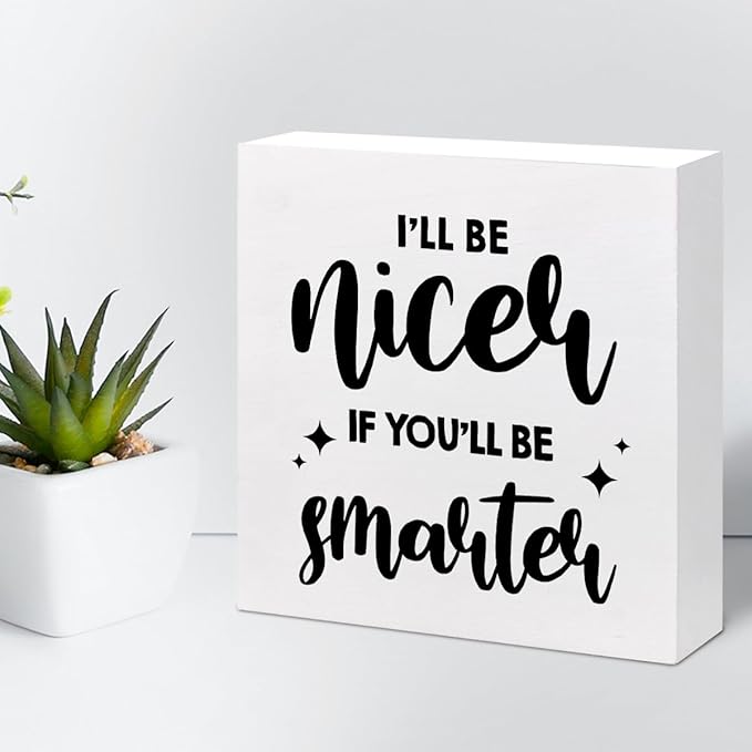 Funny Office Wood Sign,I'll Be Nicer If You'll Be Smarter Wood Block Box Sign Desk Decor,Humorous Plaque Sign for Office Home Shelf Desk Table Decor Decorations