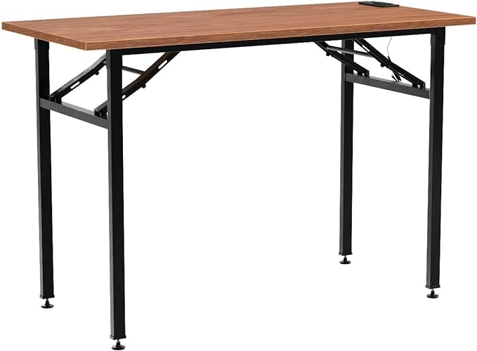 Frylr Folding Computer Desk with Plugs & USB Ports, Home Office Desks Foldable 43.3x19.6x29.5 Inch Study Table for Student Writing Desk for PC/Laptop, No Installation, Walnut + Black Leg