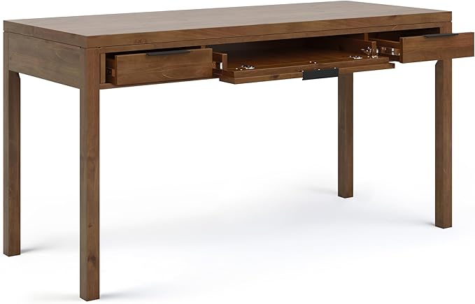 SIMPLIHOME Hollander SOLID WOOD 60 inch Wide Home Office Desk, Writing Table, Workstation, Study Table Furniture in Medium Saddle Brown with 2 Drawers