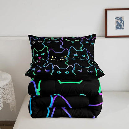 Erosebridal Kids Queen Comforter Set Cartoon Cat Comforter Cute Cats Bedding Set for Teen Boys Girls Kawaii Animal Quilt Set 2 Pillow Cases,Soft Lightweight for All Season,Reversible Black