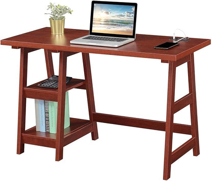 Convenience Concepts Designs2Go Trestle Desk with Charging Station and Shelves, Cherry