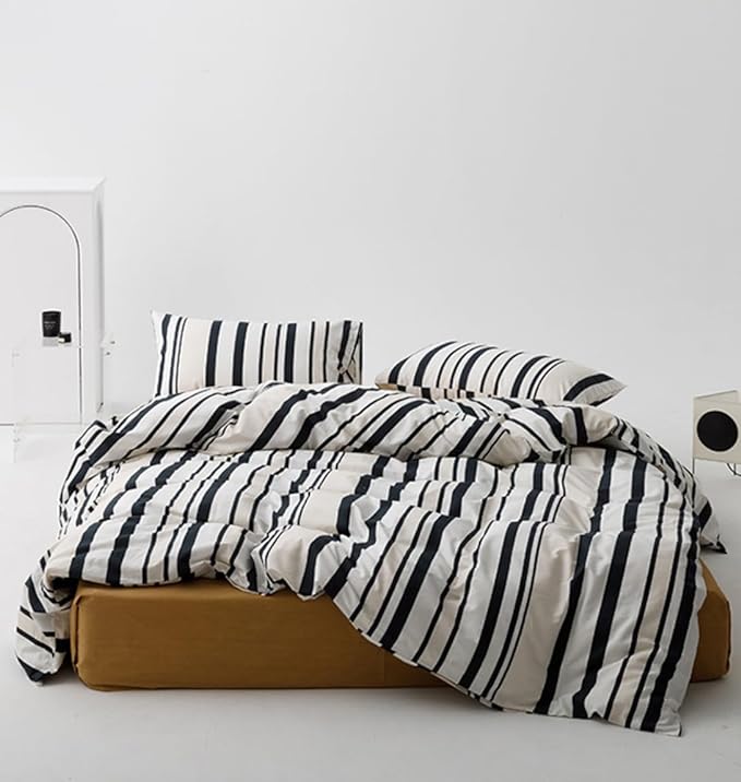 Striped Comforter Queen Black White Comforter 3 Pieces Soft Stripes Comforter Set 1 Striped Queen Comforter (90x90 inches) with 2 Pillowcases (20x26 inches)