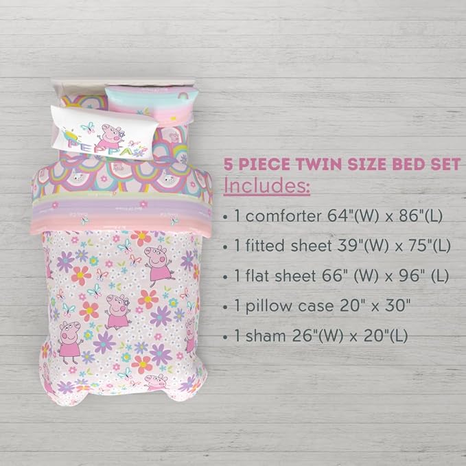 Franco Peppa Pig Kids Bedding Super Soft Comforter and Sheet Set with Sham, 5 Piece Twin Size, (Officially Licensed Product)