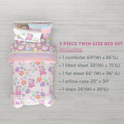Franco Peppa Pig Kids Bedding Super Soft Comforter and Sheet Set with Sham, 5 Piece Twin Size, (Officially Licensed Product)