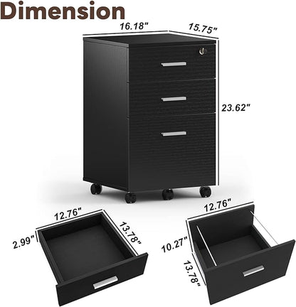 Maxtown 3 Drawer File Cabinet, Wood Filing Cabinet for Home Office, File Cabinet Office Drawer with Lock, Rolling Filing Cabinet for A4/Letter Size, Oak Grain