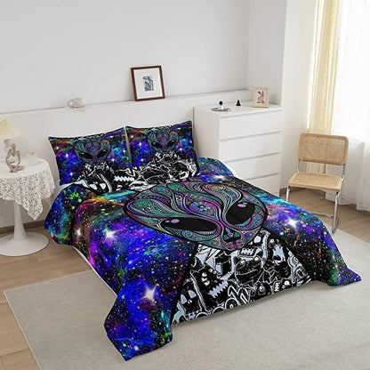 Trippy Alien Comforter Set King Size Kids Boys Galaxy Hippie Graffiti Bedding Set Psychedelic Alien Outer Space Comforter Purple Trippy Room Decor Bohemian Alien Quilted Bed Sets for Adults Men Boys