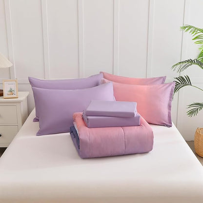 6 Pieces Comforter Set Twin Size for Girls - Gradient Pink and Purple All Season Teens Comforter Bedding Set, Ultra-Soft Fluffy Down Alternative Microfiber Bed in a Bag for Kids